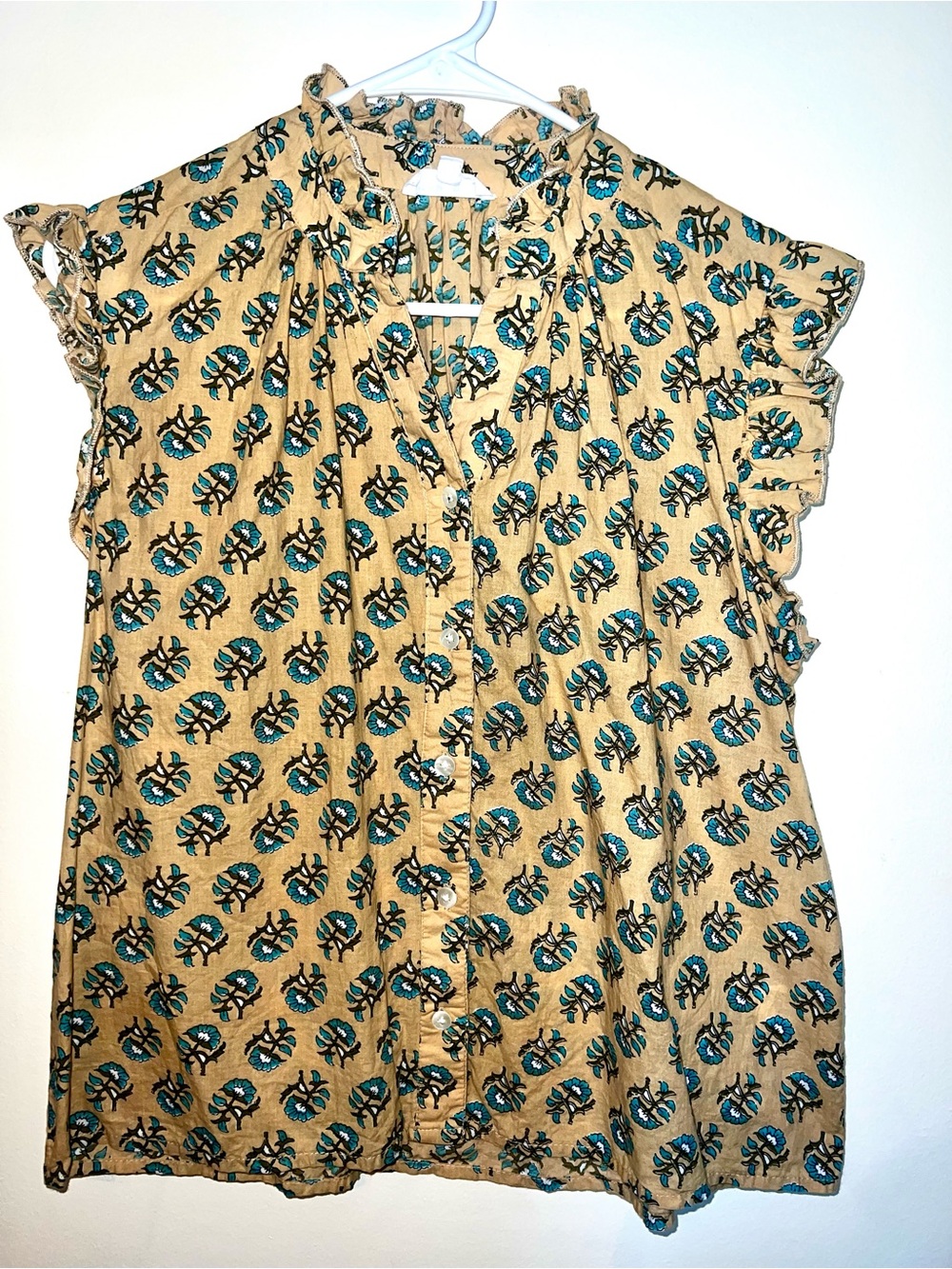 THML Tan Floral Button-Front Blouse with Teal Print